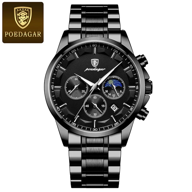 POEDAGAR Genuine Leather Men's Watch Fashion Luminous Calendar Stopwatch Male Clock Waterproof Moon Phase Quartz Wristwatch Man