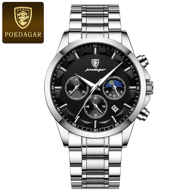 POEDAGAR Genuine Leather Men's Watch Fashion Luminous Calendar Stopwatch Male Clock Waterproof Moon Phase Quartz Wristwatch Man